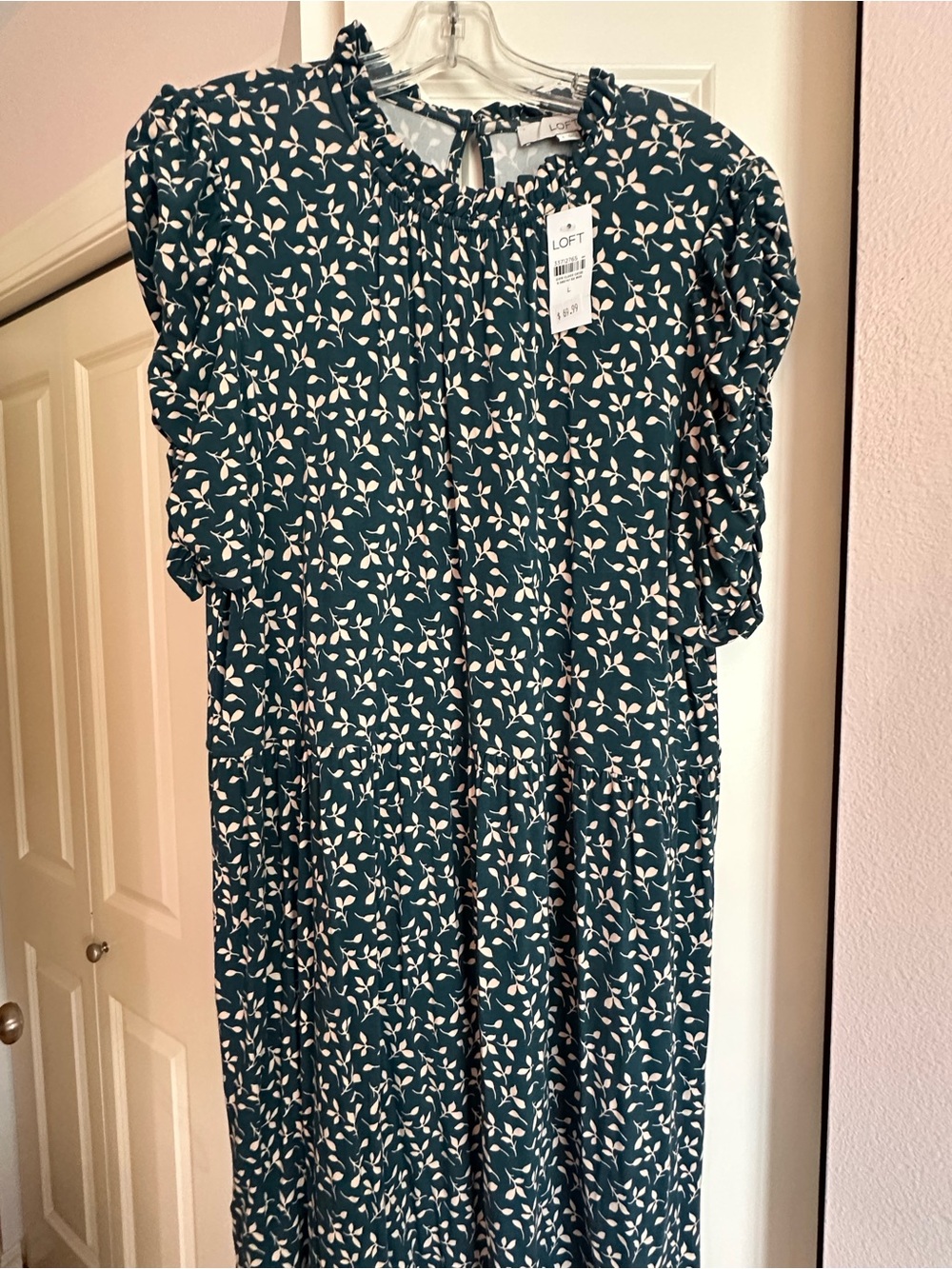 LOFT Teal Green Leaf-Print Ruffle Neck Dress